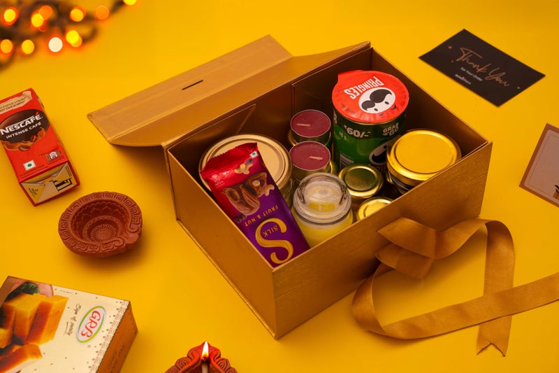Boxotica Golden Small Gift Box – Foldable Rigid Hamper with Ribbon & Greeting Card, Reusable Keepsake Box for Dry Fruits, Weddings, Birthdays, Housewarming Return Gifts, Thambulam & Vratham Kits | 23.5×17×10 cm - Image 4