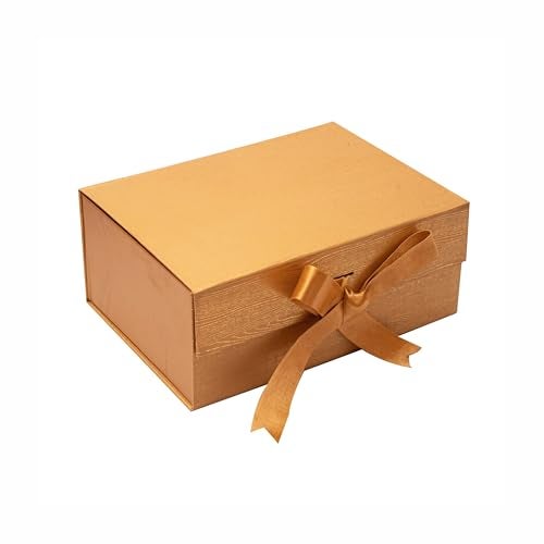 Boxotica Golden Small Gift Box – Foldable Rigid Hamper with Ribbon & Greeting Card, Reusable Keepsake Box for Dry Fruits, Weddings, Birthdays, Housewarming Return Gifts, Thambulam & Vratham Kits | 23.5×17×10 cm - Image 1