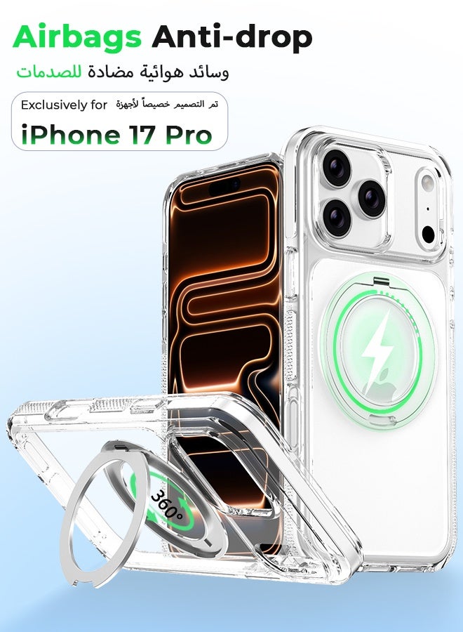 غطاء هاتف شفاف لـ iPhone 17 Pro مع حامل حلقة مغناطيسي متوافق مع شحن MagSafe، دوار 360 درجة، مقاوم للصدمات بدرجة عسكرية - Image 1