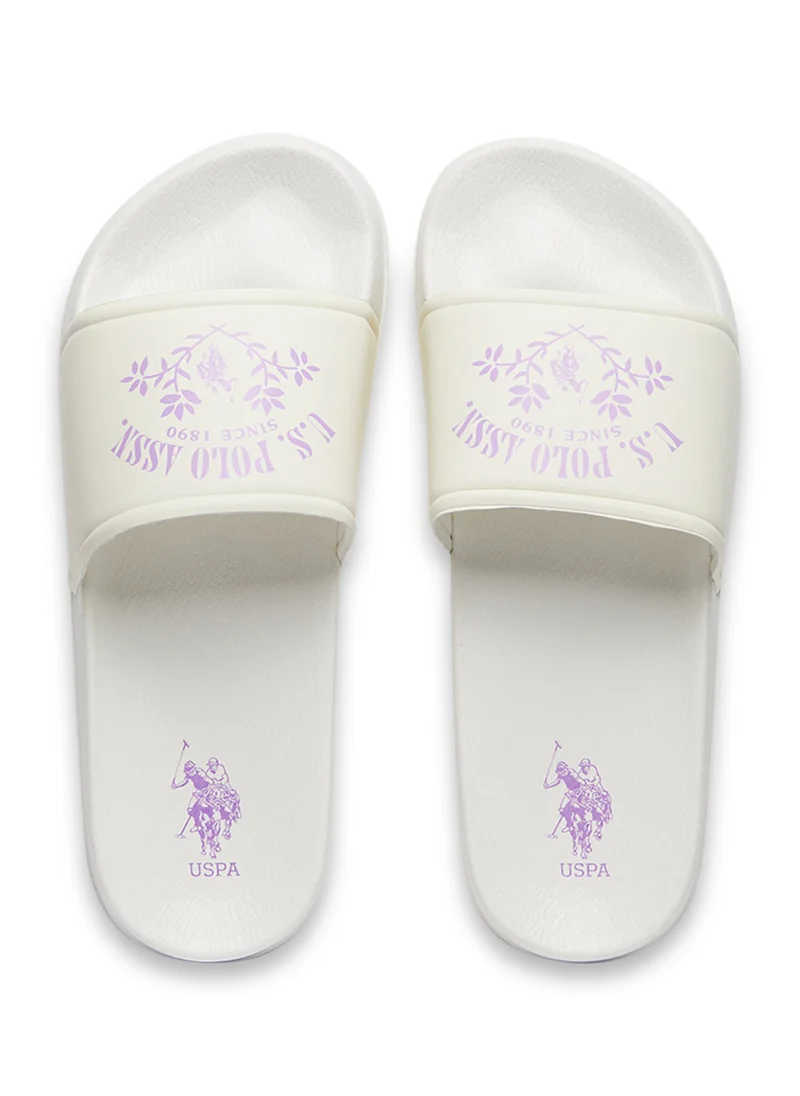 يو اس بولو اسن Women's White Signature Slides – Effortless Style Meets Ultimate Relaxation!