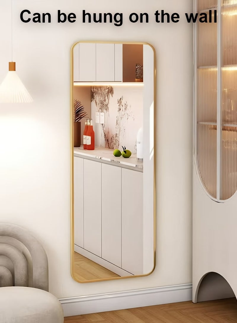 تايمي مرآة مستطيلة الشكل مقاس 120×30 سم بحواف دائرية، مرآة كاملة الطول مع حامل وإطار معدني، مرآة أرضية، مرآة حائط معلقة أو مائلة لغرفة المعيشة، غرفة النوم، المدخل، ذهبية - Image 4
