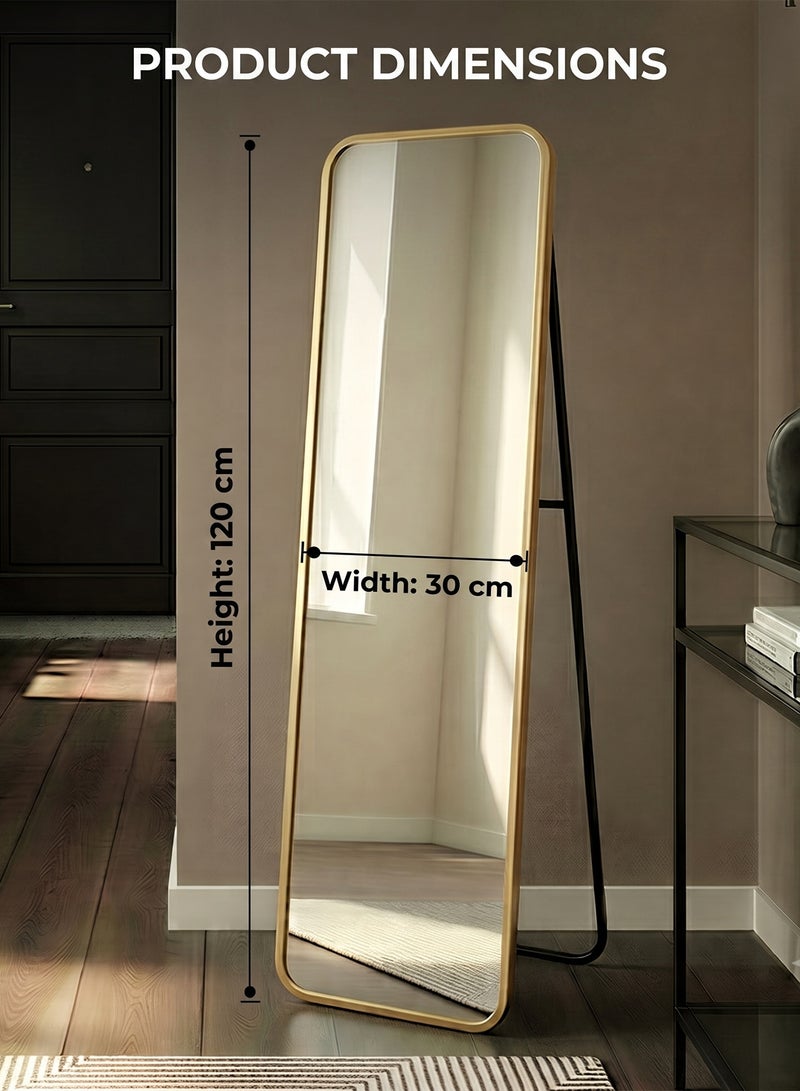 Taimi Rectangular Mirror 120x30cm with Rounded Edges, Full Length Mirror with Stand and Metal Frame, Floor Mirror, Wall Mirror Hanging or Tilt for Living Room, Bedroom, Entryway Gold - Image 5