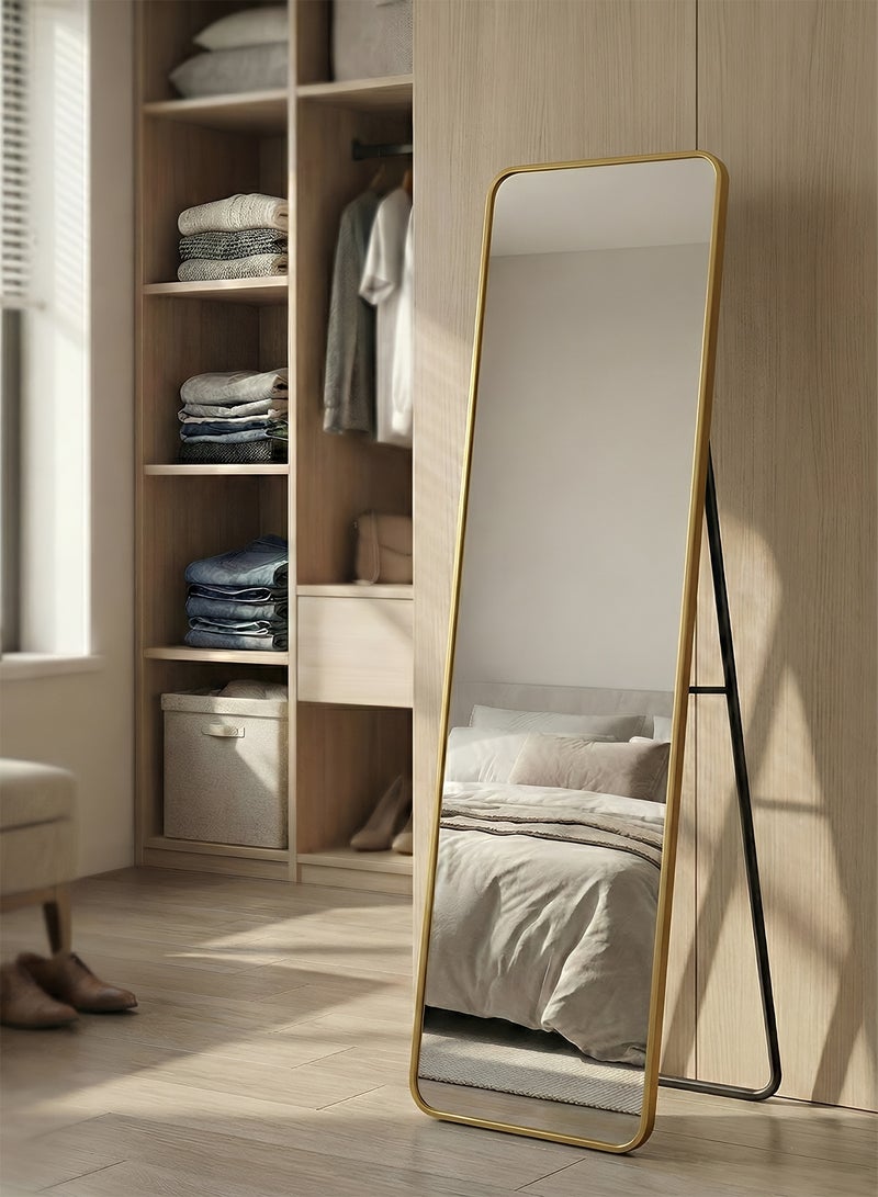 Taimi Rectangular Mirror 120x30cm with Rounded Edges, Full Length Mirror with Stand and Metal Frame, Floor Mirror, Wall Mirror Hanging or Tilt for Living Room, Bedroom, Entryway Gold - Image 2