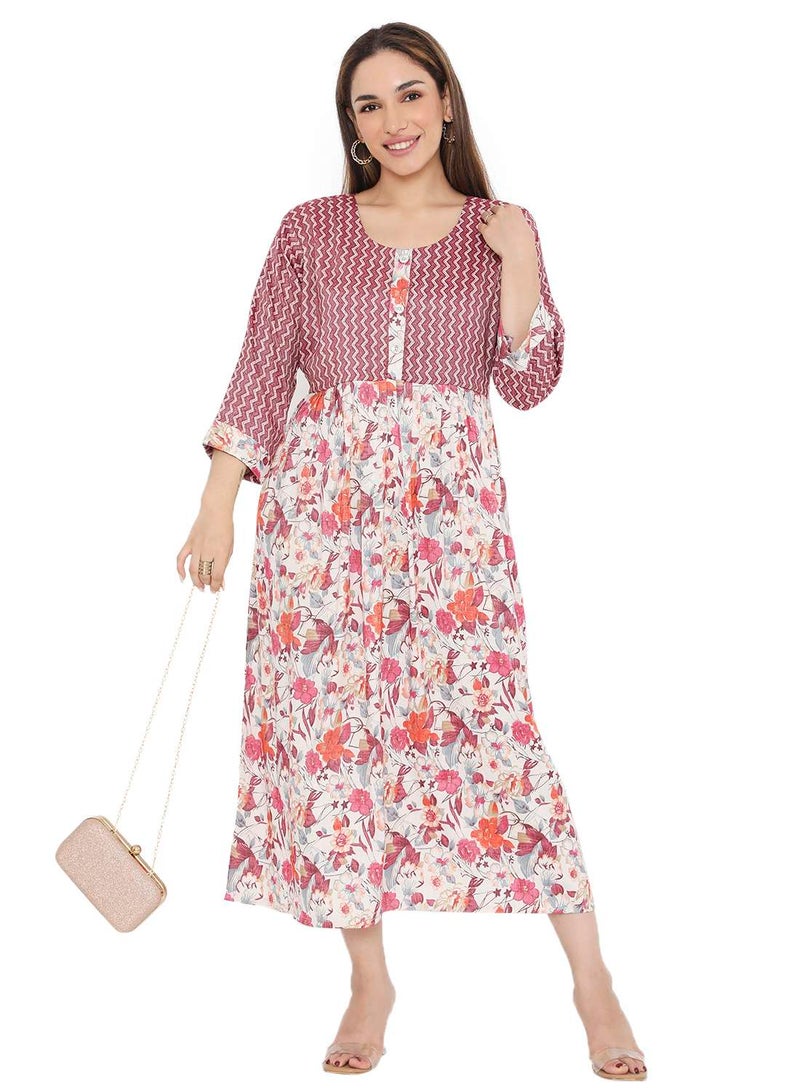 HANA & SARA ELEGANT FLORAL PRINTED VISCOSE SHORT ARABIC KAFTAN JALABIYA DRESSES - Image 4
