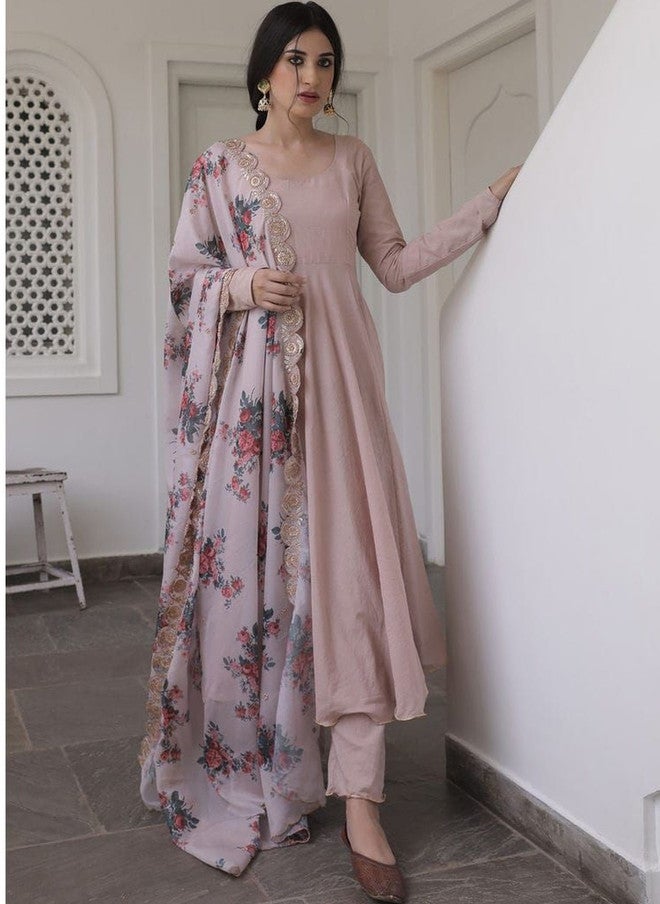 Women Basket Floral Anarkali Kurta Set with Trousers and Printed Organza Dupatta - Image 1