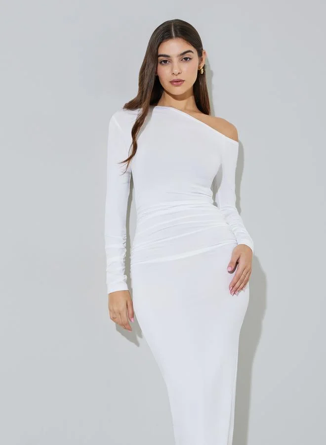 ستايلي White Solid One Shoulder Neck Bodycon Dress