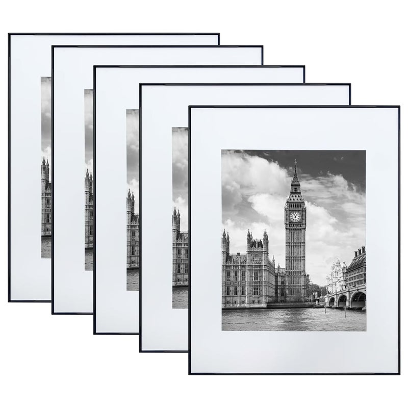 GOmaize Front Loading Black Picture Frame Set of 5,Display pictures 8x10 with mat or 11x14 without mat,Wall and Table Mounting - Image 1