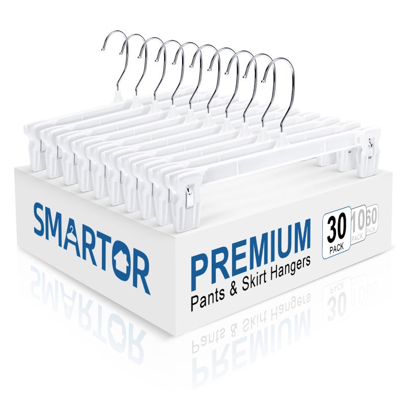 Smartor Skirt Hangers|Pants Hangers with Clips| 10 30 60 Pack Available | Space Saving| Durable| Upgraded Clips| Pants Hanger for Men| White Hanger Clips for Women Shorts, Jeans, Slacks - 30 Pack - Image 1