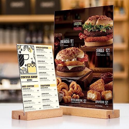 newnewshow 5"x7" Acrylic Sign Holder with Wood Base Wood Sign Holder Vertical or Slant Back Display for Store Office (5x7 L/T) - Image 2