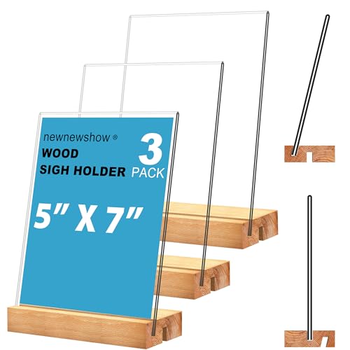 newnewshow 5"x7" Acrylic Sign Holder with Wood Base Wood Sign Holder Vertical or Slant Back Display for Store Office (5x7 L/T) - Image 1
