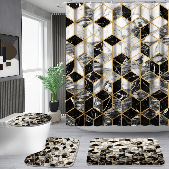 4 PCS BATHROOM SHOWER CURTAIN SET HONEYCOMB MARBLE BATHROOM SETS WITH RUGSBATH MATU SHAPE AND TOILET LID COVER MAT AND 12 DURABLE HOOKS