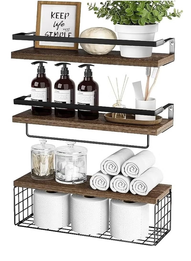 Floating Shelves Wall Mounted, Wood Storage Shelves with Storage Basket,Rustic Farmhouse Wall Shelves Organizer Wall Decoration Holder Organizer for Kitchen, Bedroom, Living Room,Bathroom ﻿ 
