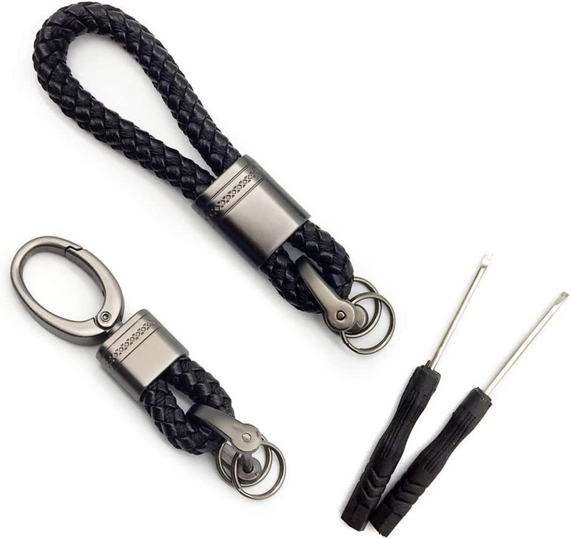 Contacts 2 Pcs Black Braided Keychain Leather Strap Keyring Accessories PU Rope Hook Keyring with Zinc Alloy (Pack of 2) - Image 1