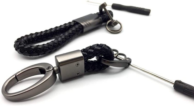 Contacts 2 Pcs Black Braided Keychain Leather Strap Keyring Accessories PU Rope Hook Keyring with Zinc Alloy (Pack of 2) - Image 4