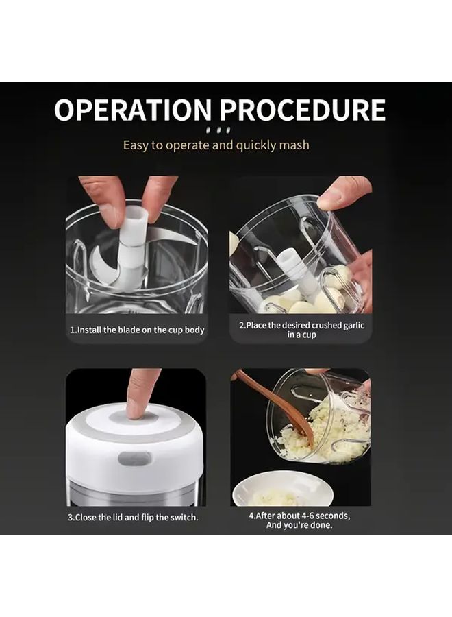 White Garlic Masher And Meat Grinder With USB Operation Handle Clear Top Heavy Duty Plastic Processor For Garlic Vegetables Meat Compact Mincer Lock Easy Clean Design Mini Kitchen Appliance For Small Kitchens Convenient USB Charging Versatile For Fruits And Vegetables Durable And Easy To Use - Image 4