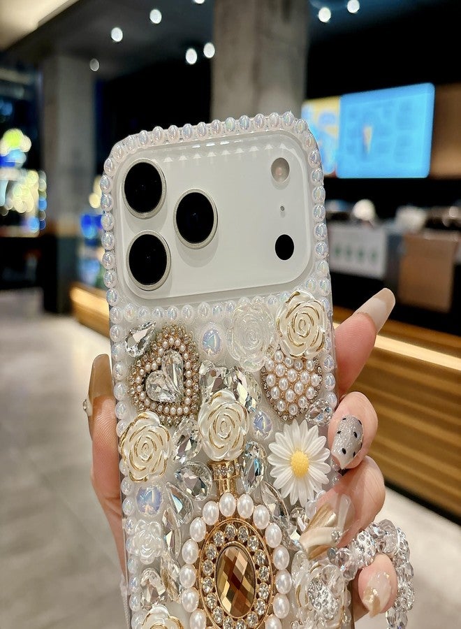 iFiLOVE جراب iFiLOVE لهاتف iPhone 17 Pro Max مرصع بالألماس مع حزام على شكل زهرة، غطاء فاخر ثلاثي الأبعاد مرصع بأحجار الراين الكريستالية اللامعة واللؤلؤ على شكل وردة، مناسب للفتيات والنساء والأطفال (أبيض) - Image 5