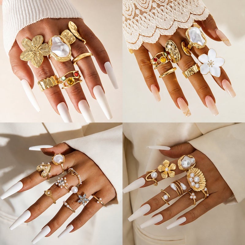 WU European and American Cross-Border Jewelry: Alloy Flower Ring with Rhinestone and Pearl, Retro Baroque Geometric Ring Set - Image 3