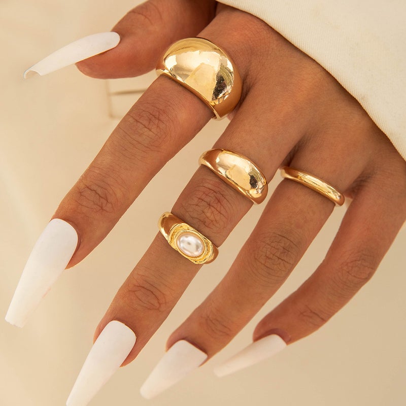 WU European and American Cross-Border Jewelry: Alloy Flower Ring with Rhinestone and Pearl, Retro Baroque Geometric Ring Set - Image 1