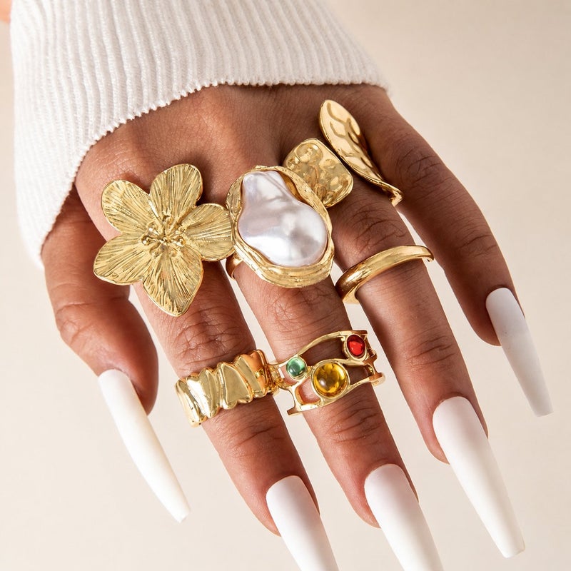 WU European and American Cross-Border Jewelry: Alloy Flower Ring with Rhinestone and Pearl, Retro Baroque Geometric Ring Set - Image 2
