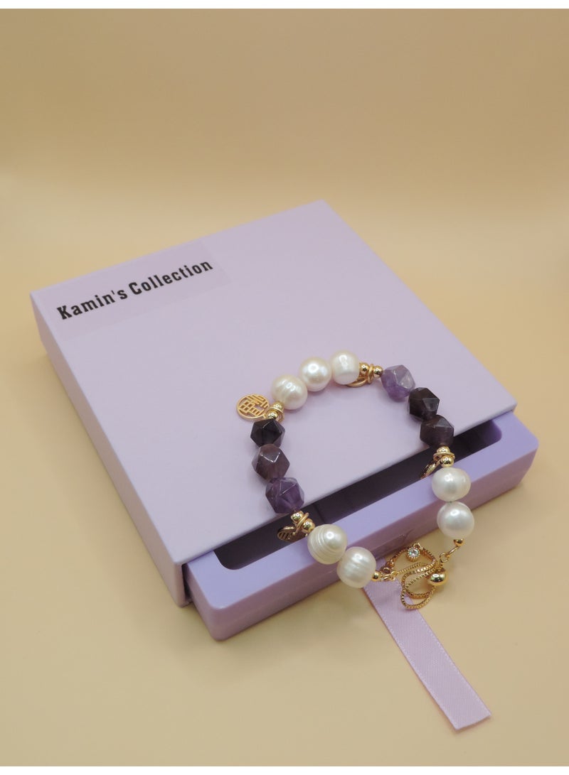 Kamins Collection Handcrafted Pearl, Hexagonal Amethyst, and Brass Bracelet - Image 1