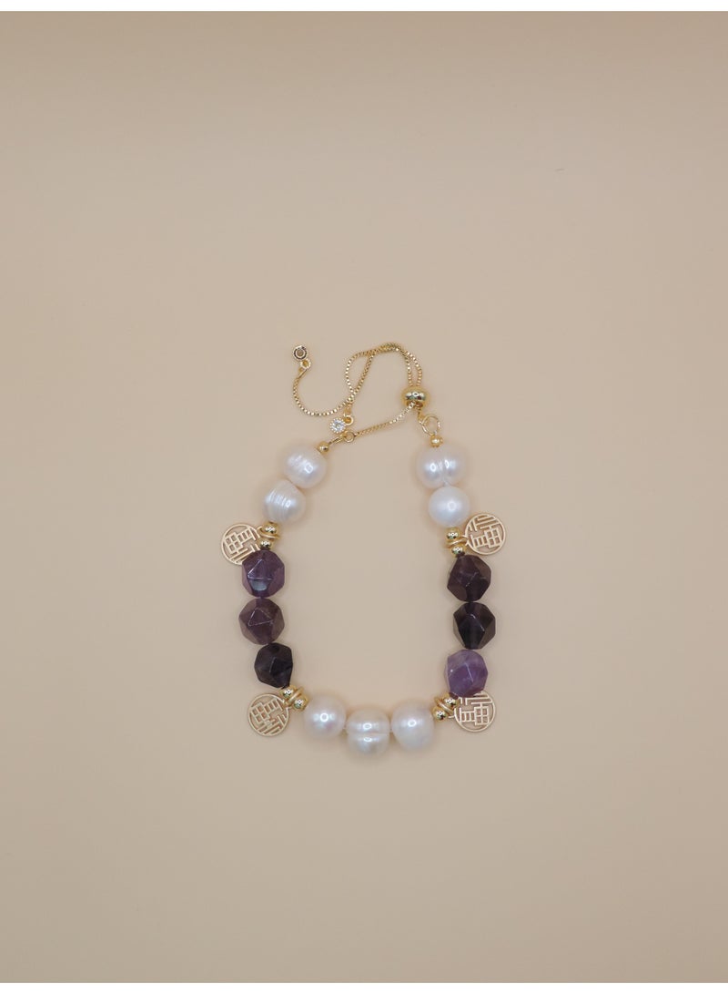 Kamins Collection Handcrafted Pearl, Hexagonal Amethyst, and Brass Bracelet - Image 2