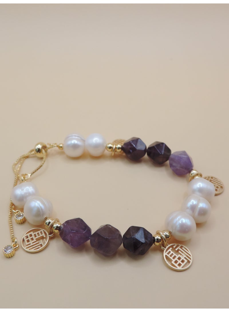 Kamins Collection Handcrafted Pearl, Hexagonal Amethyst, and Brass Bracelet - Image 3