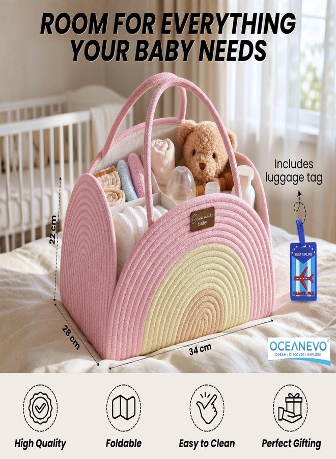 OCEANEVO Diaper Caddy Organizer Bag WITH Luggage Tag | New Born Baby Essentials Storage Cotton Rope Basket with Compartments | For Mothers for Travel - 34 x 28 x 22 Cm - Pink - 1 Year Warranty - Image 2