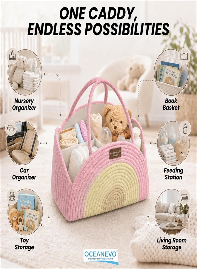 OCEANEVO Diaper Caddy Organizer Bag WITH Luggage Tag | New Born Baby Essentials Storage Cotton Rope Basket with Compartments | For Mothers for Travel - 34 x 28 x 22 Cm - Pink - 1 Year Warranty - Image 4
