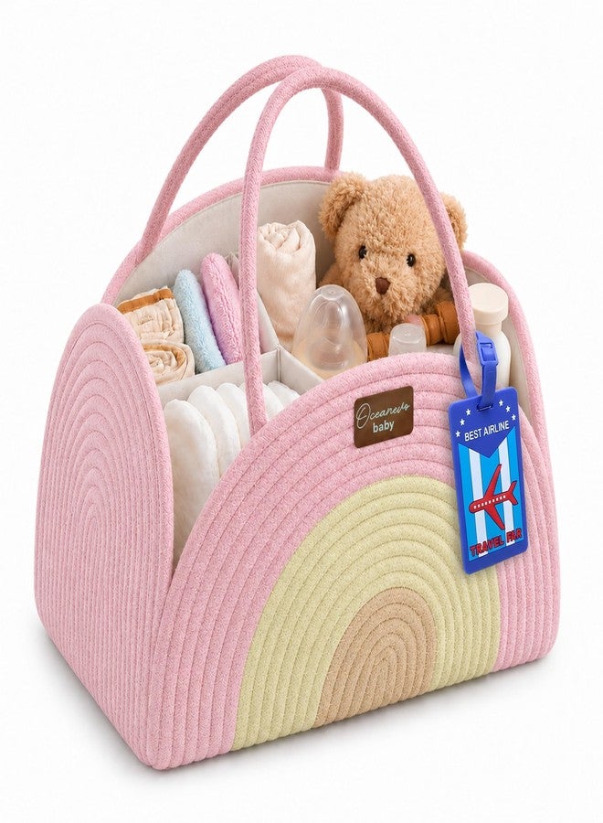 OCEANEVO Diaper Caddy Organizer Bag WITH Luggage Tag | New Born Baby Essentials Storage Cotton Rope Basket with Compartments | For Mothers for Travel - 34 x 28 x 22 Cm - Pink - 1 Year Warranty - Image 1