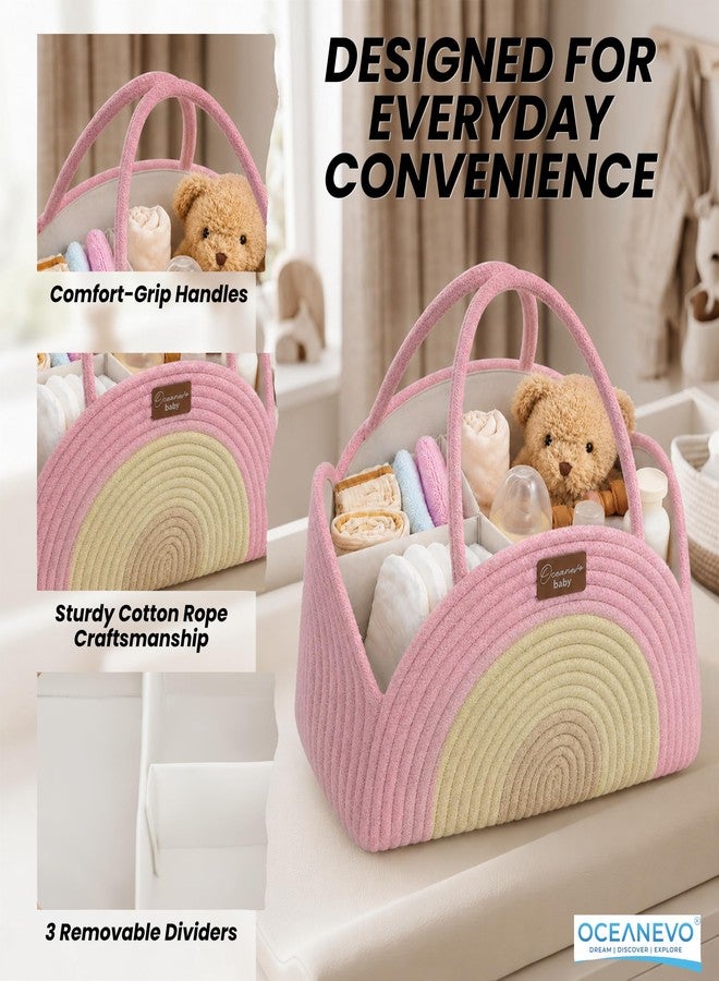 OCEANEVO Diaper Caddy Organizer Bag WITH Luggage Tag | New Born Baby Essentials Storage Cotton Rope Basket with Compartments | For Mothers for Travel - 34 x 28 x 22 Cm - Pink - 1 Year Warranty - Image 3