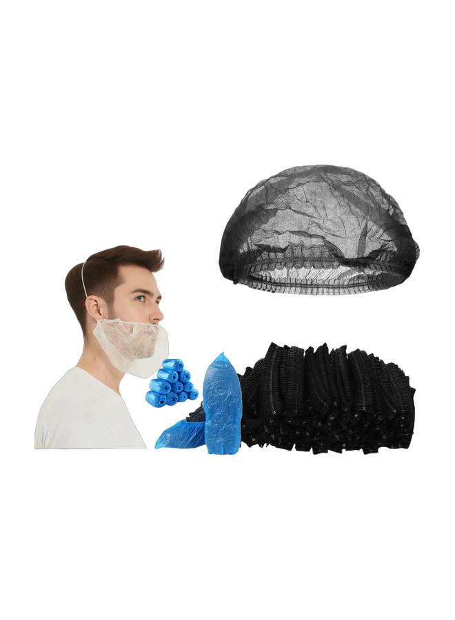 مازكو طقم الحماية الصحي ٣ في ١ – ‎١٠٠‎ غطاء شعر أسود + ‎١٠٠‎ غطاء لحية أبيض + ‎١٠٠‎ غطاء حذاء مقاوم للماء (٥٠ زوجًا) – للمطبخ، الصالون، المستشفى، التنظيف والاستخدام الصناعي - Image 1