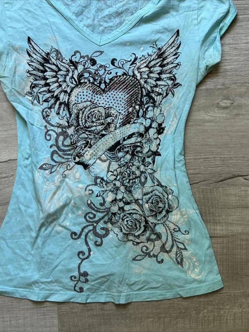 MANGMAO Emo Grunge Top Short Sleeve Y2k Shirts Vintage Graphic Tee Streetwear Women Mcbling 2000s Clothes (Blue Black Rose,Small) - Image 4