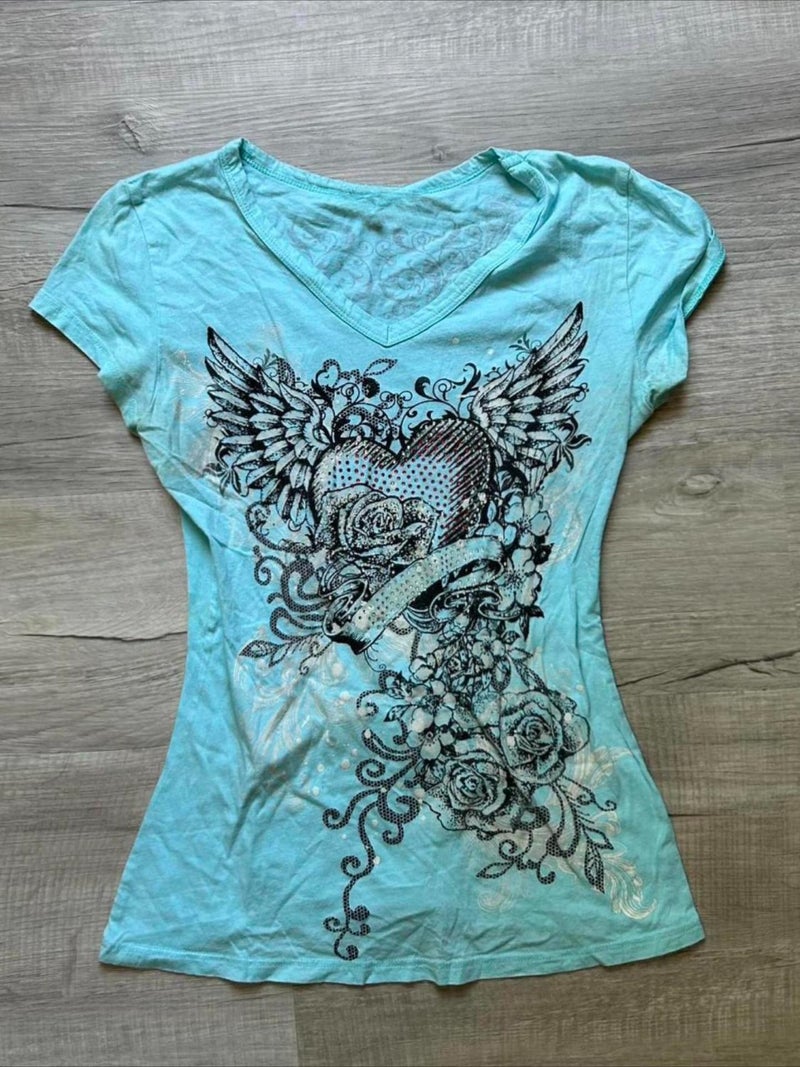 MANGMAO Emo Grunge Top Short Sleeve Y2k Shirts Vintage Graphic Tee Streetwear Women Mcbling 2000s Clothes (Blue Black Rose,Small) - Image 5