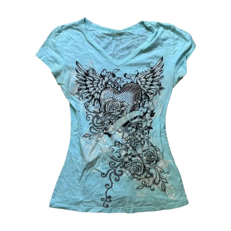 MANGMAO Emo Grunge Top Short Sleeve Y2k Shirts Vintage Graphic Tee Streetwear Women Mcbling 2000s Clothes (Blue Black Rose,Small) - Image 1