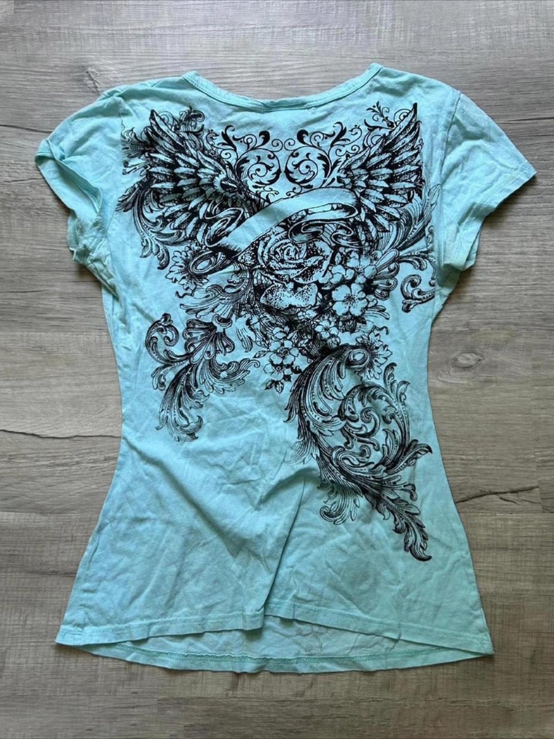 MANGMAO Emo Grunge Top Short Sleeve Y2k Shirts Vintage Graphic Tee Streetwear Women Mcbling 2000s Clothes (Blue Black Rose,Small) - Image 3
