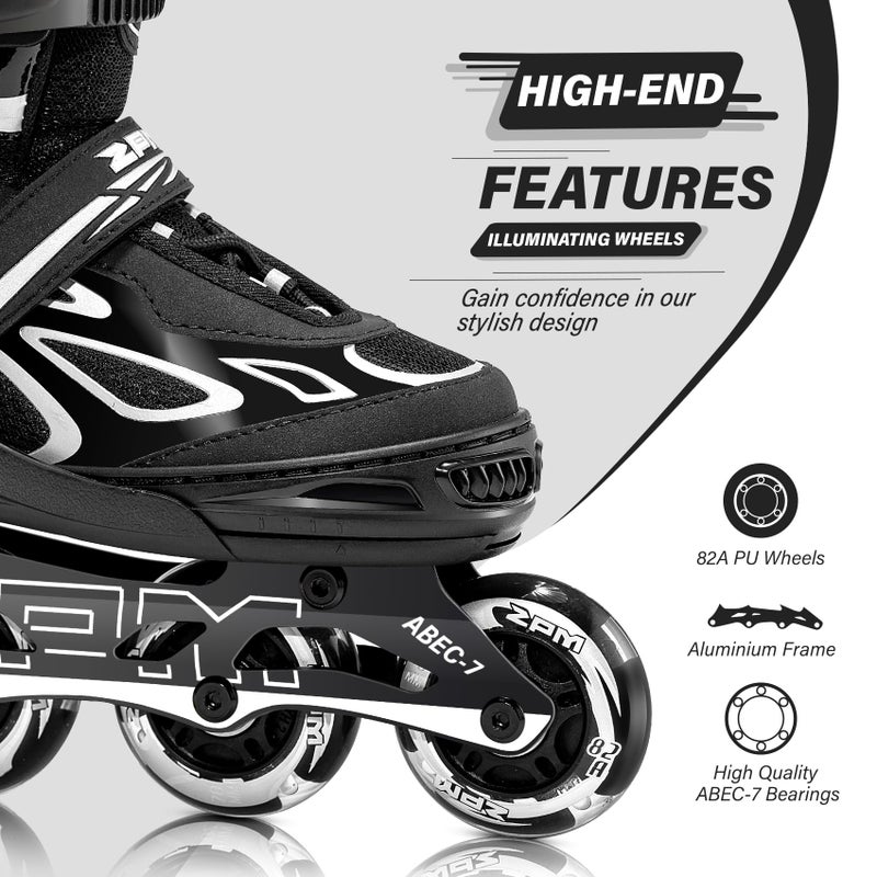 2PM SPORTS Vinal Inline Skates for Men with Light Up Wheels Adjustable Roller Women, Illuminating Outdoor Roller Skates for Kids and Adults - Silver XL - Image 3