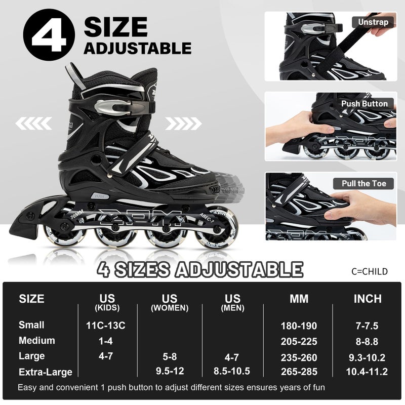 2PM SPORTS Vinal Inline Skates for Men with Light Up Wheels Adjustable Roller Women, Illuminating Outdoor Roller Skates for Kids and Adults - Silver XL - Image 2
