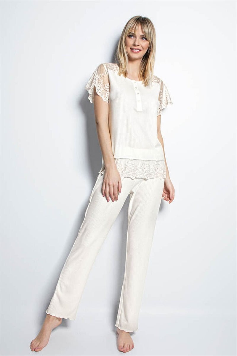 Monamise Women's Ecru Short Sleeve Pajama Set 19152  - Image 2