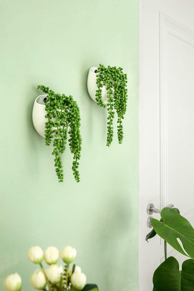 Dahey Wall Planters with Fake String of Pearls Plant Artificial Succulent Small Modern Ceramic Mounted Planter Round Hanging Wall Vase Display Holder for Indoor Garden Office Decor, Set of 2 - Image 2