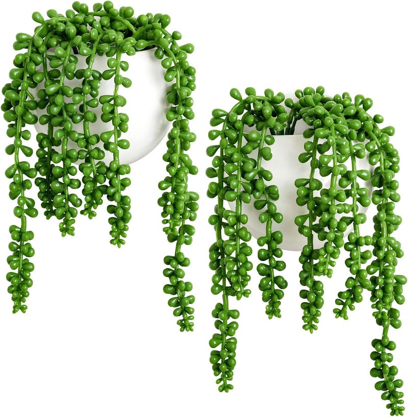 Dahey Wall Planters with Fake String of Pearls Plant Artificial Succulent Small Modern Ceramic Mounted Planter Round Hanging Wall Vase Display Holder for Indoor Garden Office Decor, Set of 2 - Image 1