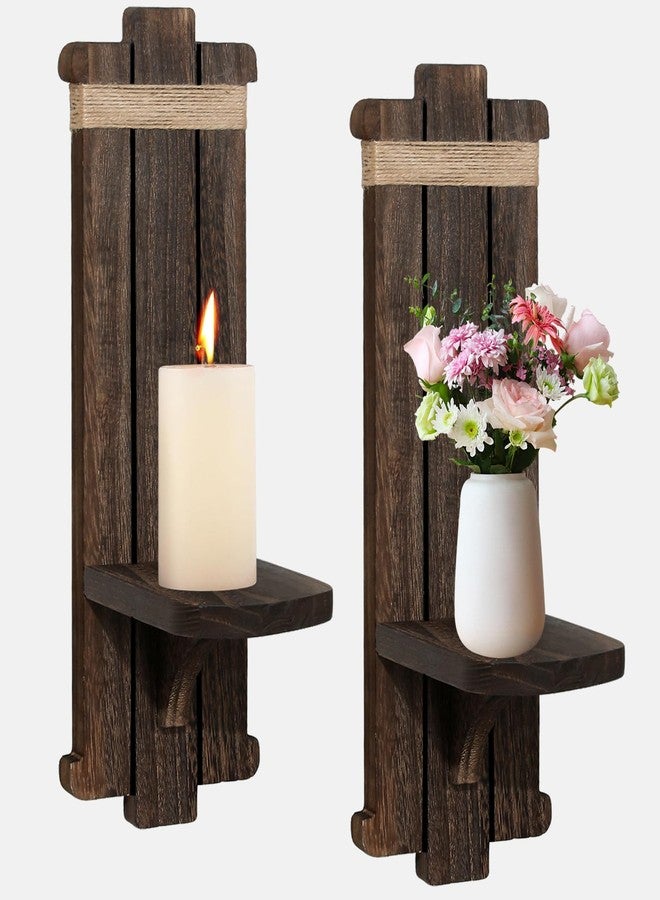 SUJUN Farmhouse Wooden Candle Sconces - 2 Pcs Rustic Wall-Mount Candle Holders for Living Room, Bedroom, Bathroom, Hallway - Vintage Handcrafted Wooden Wall Decor, Brown - Ideal Home Decor & Gifts - Image 1