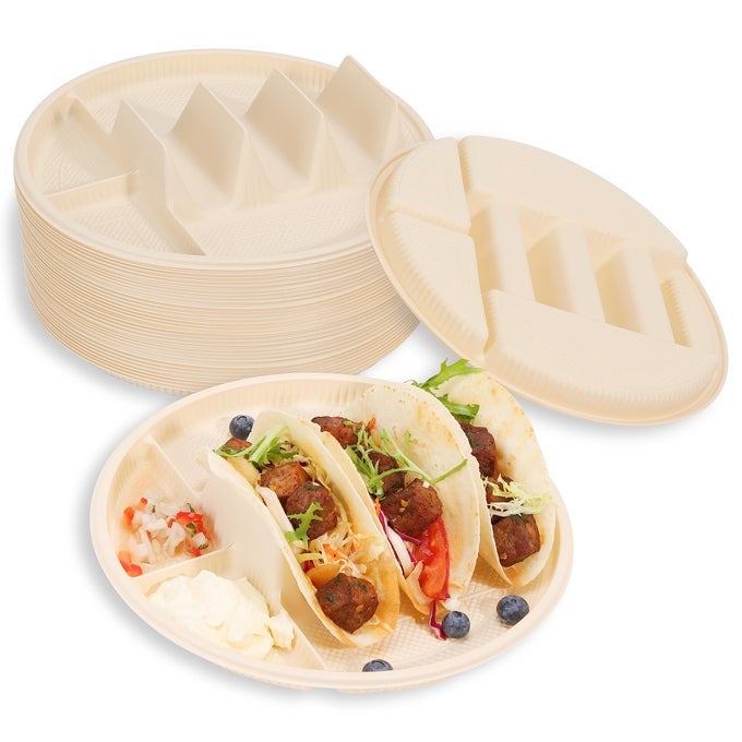 40 PACK DISPOSABLE TACO PLATES WITH DIPPING SIDES BIODEGRADABLE CORNSTARCH TACO HOLDER FOR PARTY LARGE SIZE FIT FOR 68 INCH LARGE TORTILLA MICROWAVE SAFE