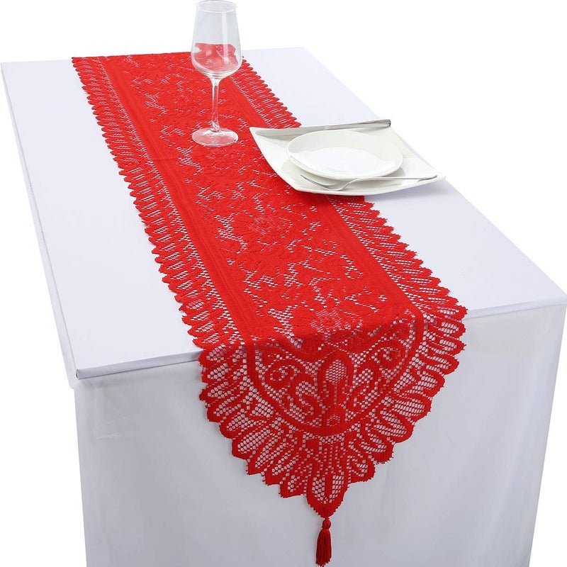 rockcloud Lace Table Cloth Runner for Wedding Banquet Decorations Christmas Party Table Decor Red 13 x 59 Inch