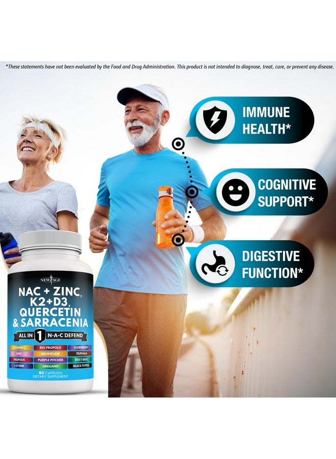 New Age مكمل NAC من نيو إيدج N-أسيتيل سيستين - مع فيتامين D3، K2، زنك، كيرسيتين، تريبهالا، ساراكنيا بوربوريا، توت البلسان، ريحان مقدس، بروبوليس النحل، بروميلين، L-لايسين - 120 حبة - Image 5