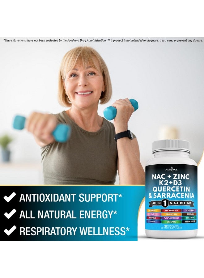 New Age مكمل NAC من نيو إيدج N-أسيتيل سيستين - مع فيتامين D3، K2، زنك، كيرسيتين، تريبهالا، ساراكنيا بوربوريا، توت البلسان، ريحان مقدس، بروبوليس النحل، بروميلين، L-لايسين - 120 حبة - Image 4