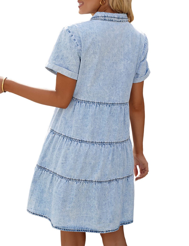 LookbookStore Women's Flowy Jean Dress Short Sleeve Denim Shirt Dress Babydoll Dress for Women Short Sleeves Casual Lapel Collared Babydoll Denim Dress Roadknight Blue Size S Size 4 6 - Image 4