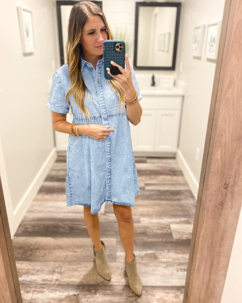 LookbookStore Women's Flowy Jean Dress Short Sleeve Denim Shirt Dress Babydoll Dress for Women Short Sleeves Casual Lapel Collared Babydoll Denim Dress Roadknight Blue Size S Size 4 6 - Image 3