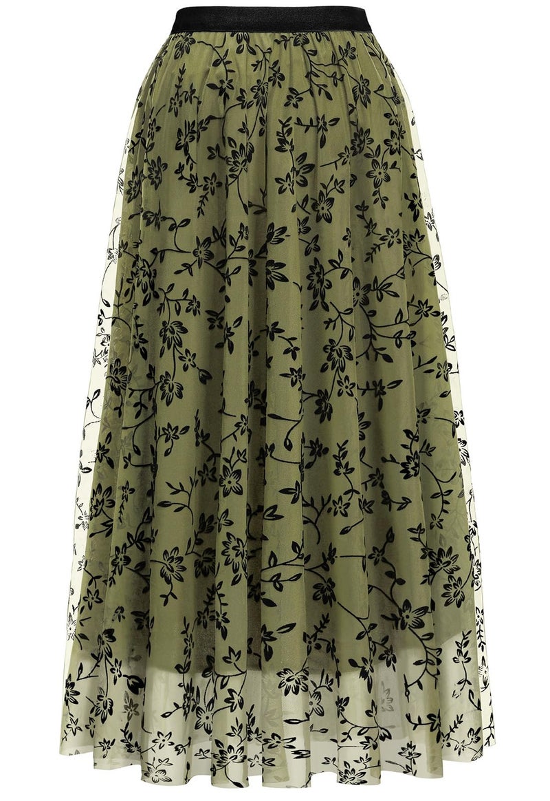 Reaowazo Skirts for Women Midi Long Length Dressy Casual Trendy Summer Tulle A-Line Floral High Waist Skirt Army Green S-M - Image 4