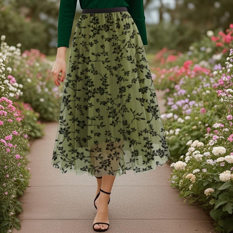 Reaowazo Skirts for Women Midi Long Length Dressy Casual Trendy Summer Tulle A-Line Floral High Waist Skirt Army Green S-M - Image 2