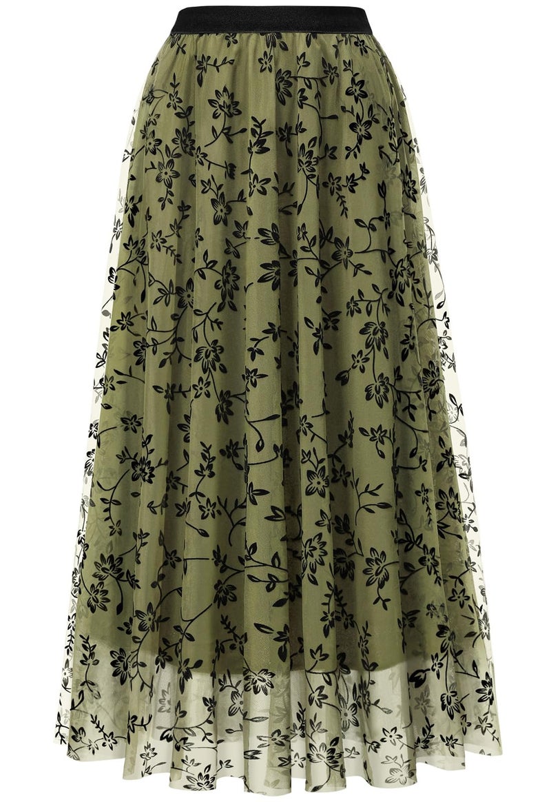 Reaowazo Skirts for Women Midi Long Length Dressy Casual Trendy Summer Tulle A-Line Floral High Waist Skirt Army Green S-M - Image 1